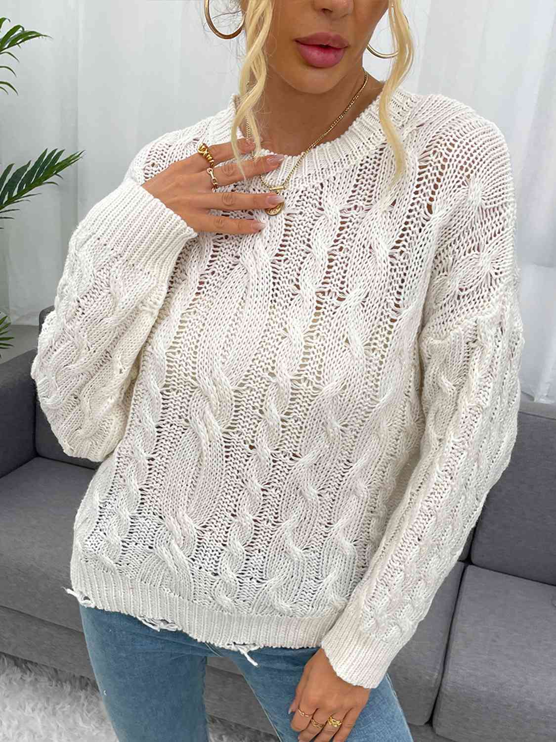 Openwork Distressed Long Sleeve Sweater - BloomBliss.com