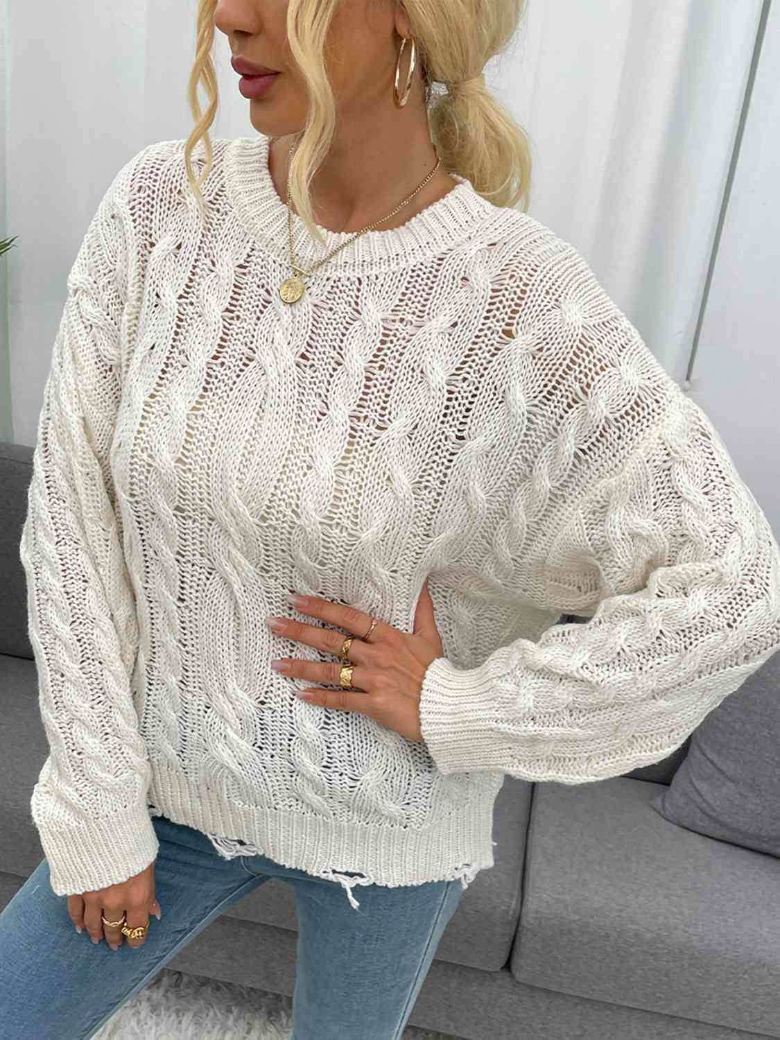 Openwork Distressed Long Sleeve Sweater - BloomBliss.com