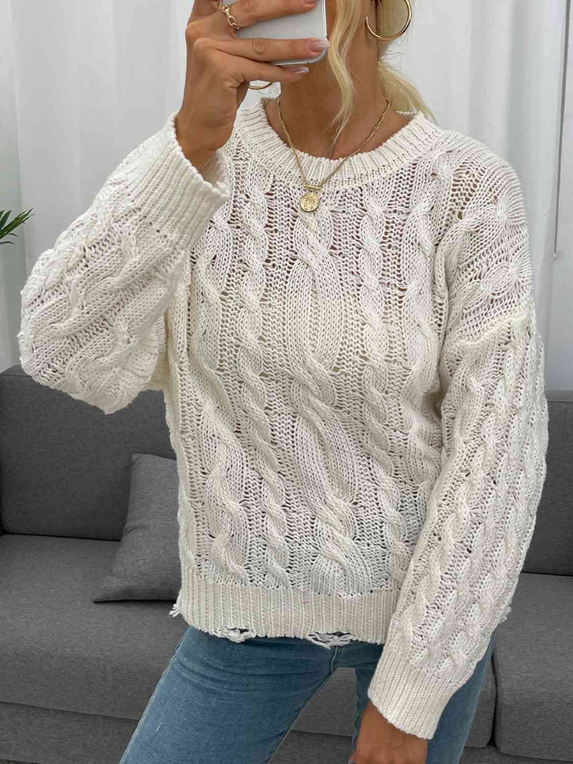 Openwork Distressed Long Sleeve Sweater - BloomBliss.com