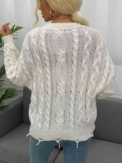 Openwork Distressed Long Sleeve Sweater - BloomBliss.com