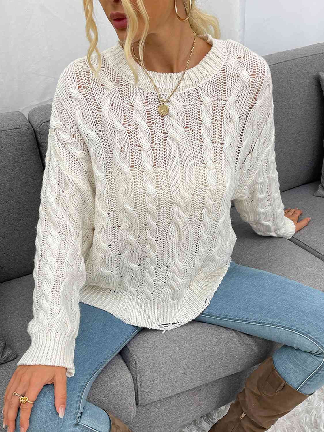 Openwork Distressed Long Sleeve Sweater - BloomBliss.com