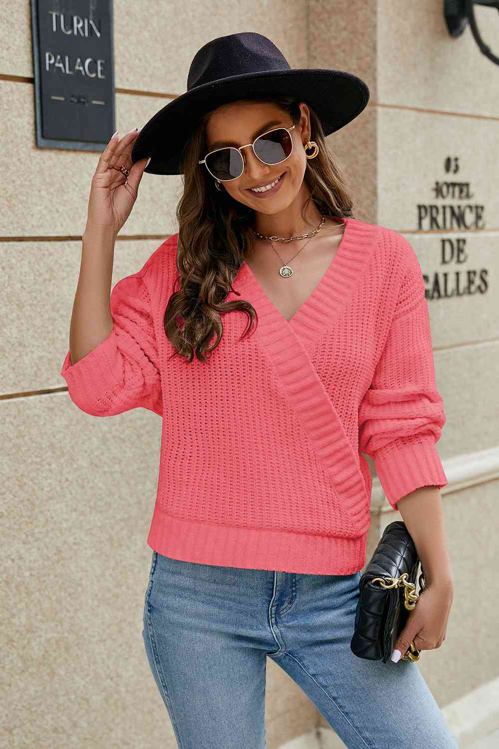 Openwork Surplice Long Sleeve Sweater - BloomBliss.com