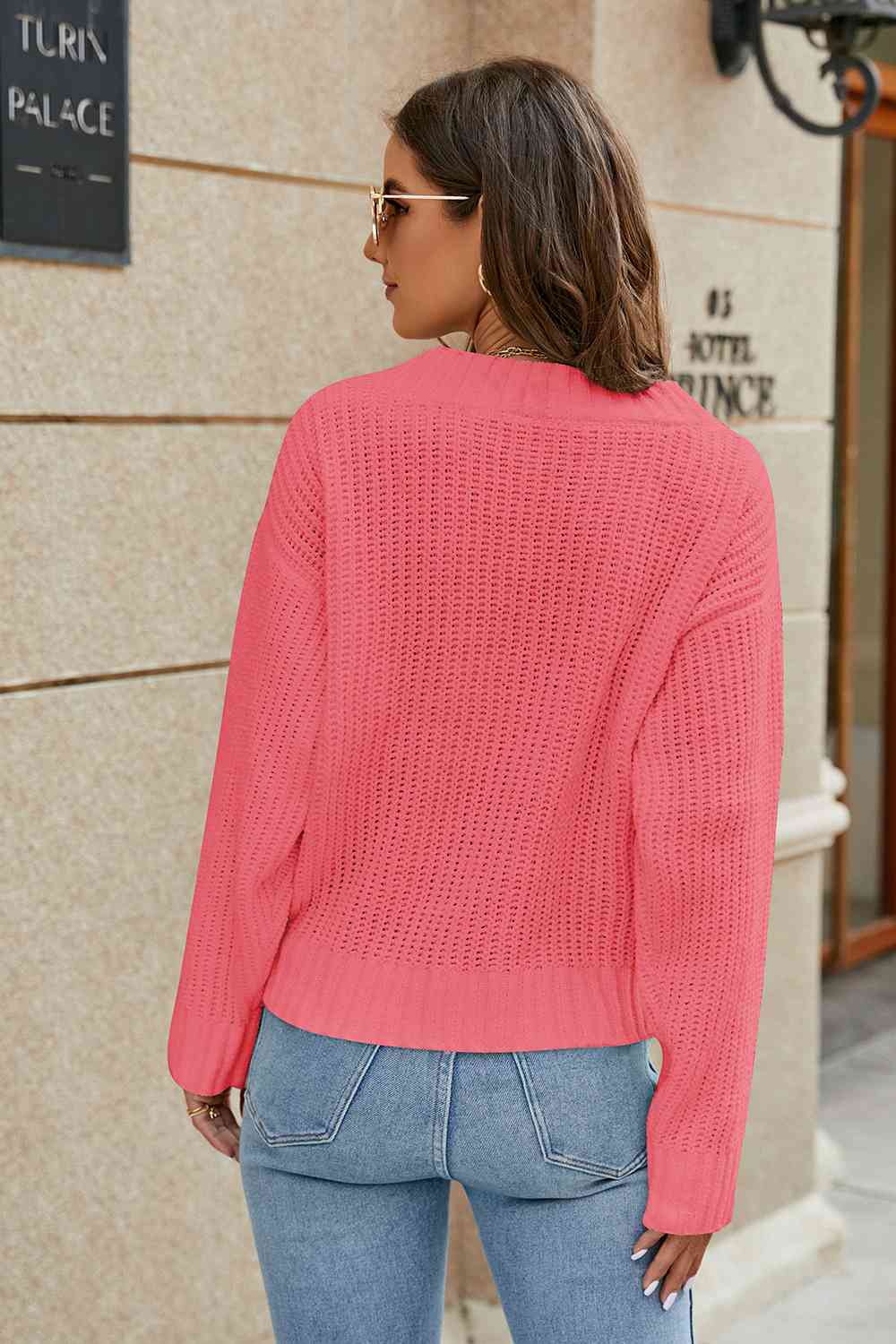 Openwork Surplice Long Sleeve Sweater - BloomBliss.com