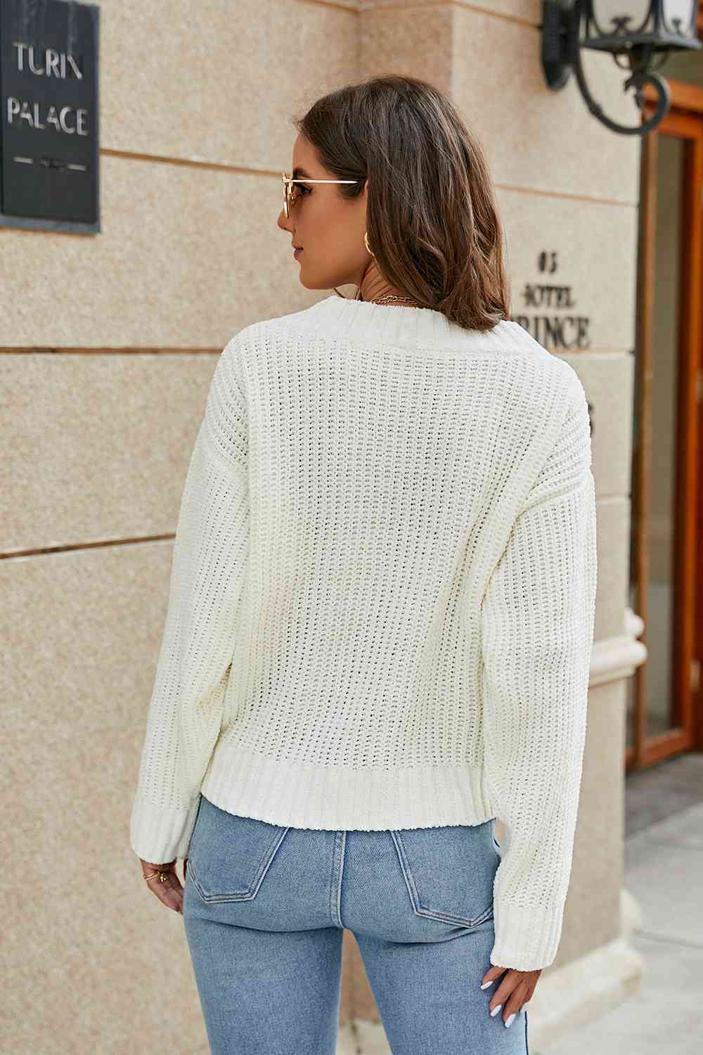 Openwork Surplice Long Sleeve Sweater - BloomBliss.com