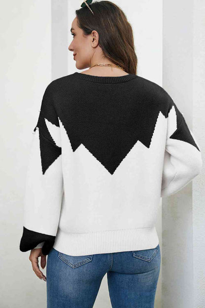 Pearl Color Block Dropped Shoulder Sweater - BloomBliss.com