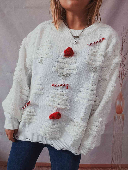 Pearl Detail Round Neck Long Sleeve Sweater - BloomBliss.com