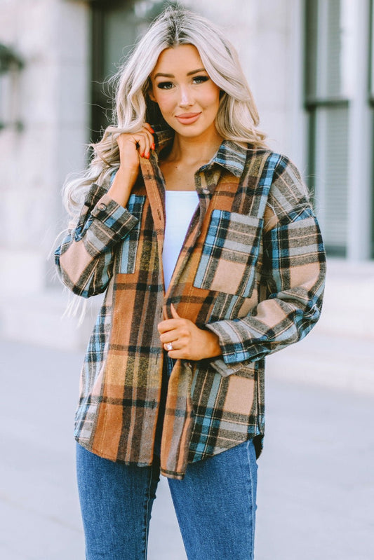 Plaid Curved Hem Shirt Jacket with Breast Pockets - BloomBliss.com