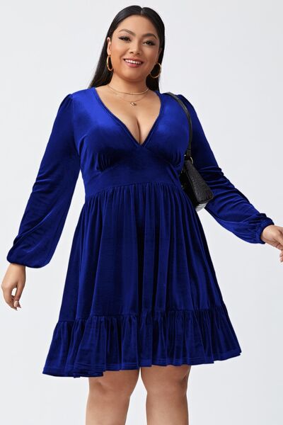 Plus Size Plunge Long Sleeve Mini Dress - BloomBliss.com