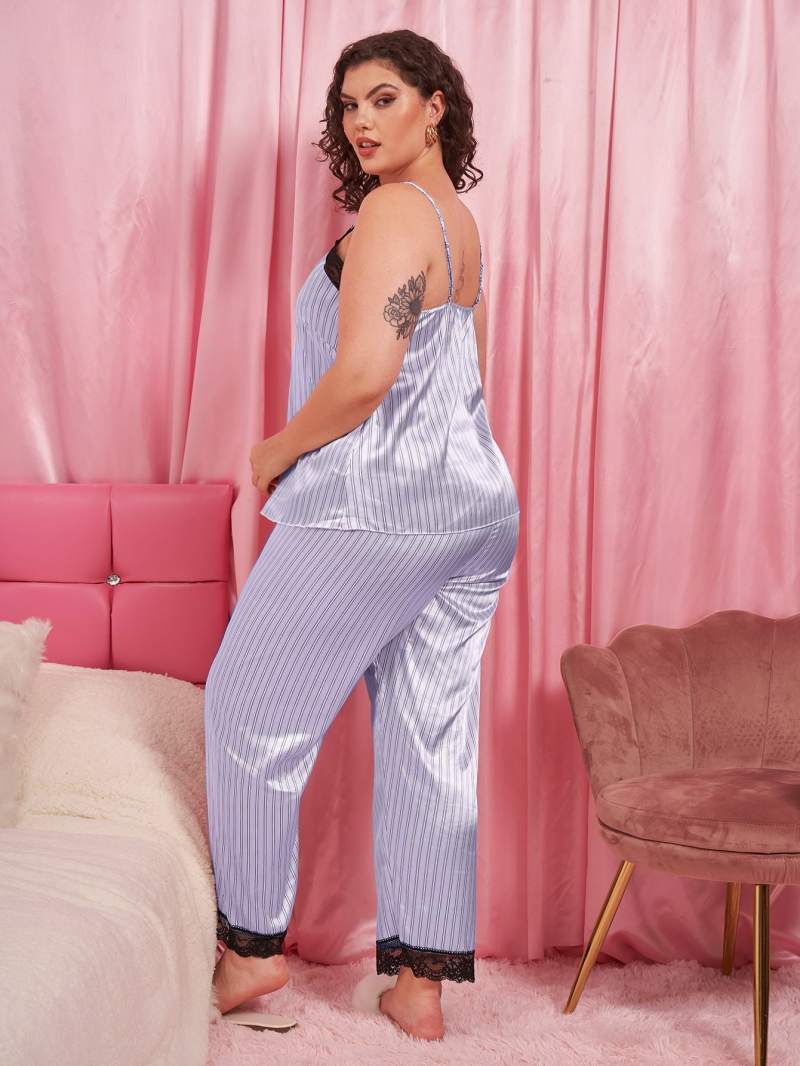 Plus Size Vertical Stripe Lace Trim Cami and Pants Pajama Set - BloomBliss.com