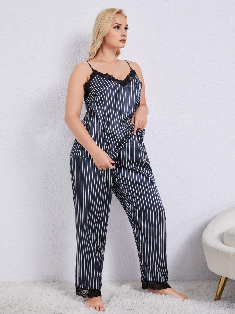Plus Size Vertical Stripe Lace Trim Cami and Pants Pajama Set - BloomBliss.com