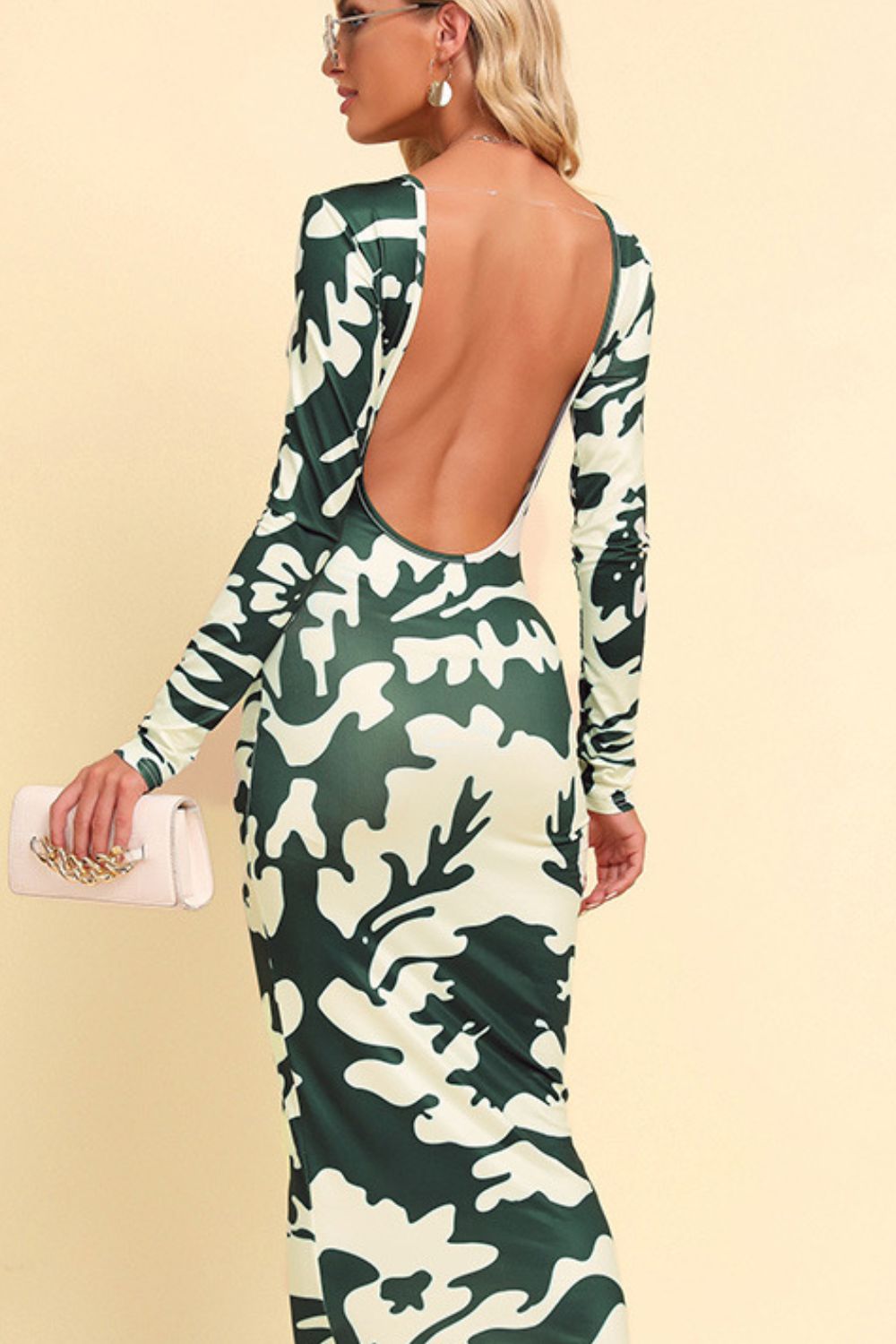 Printed Backless Long Sleeve Maxi Dress - BloomBliss.com