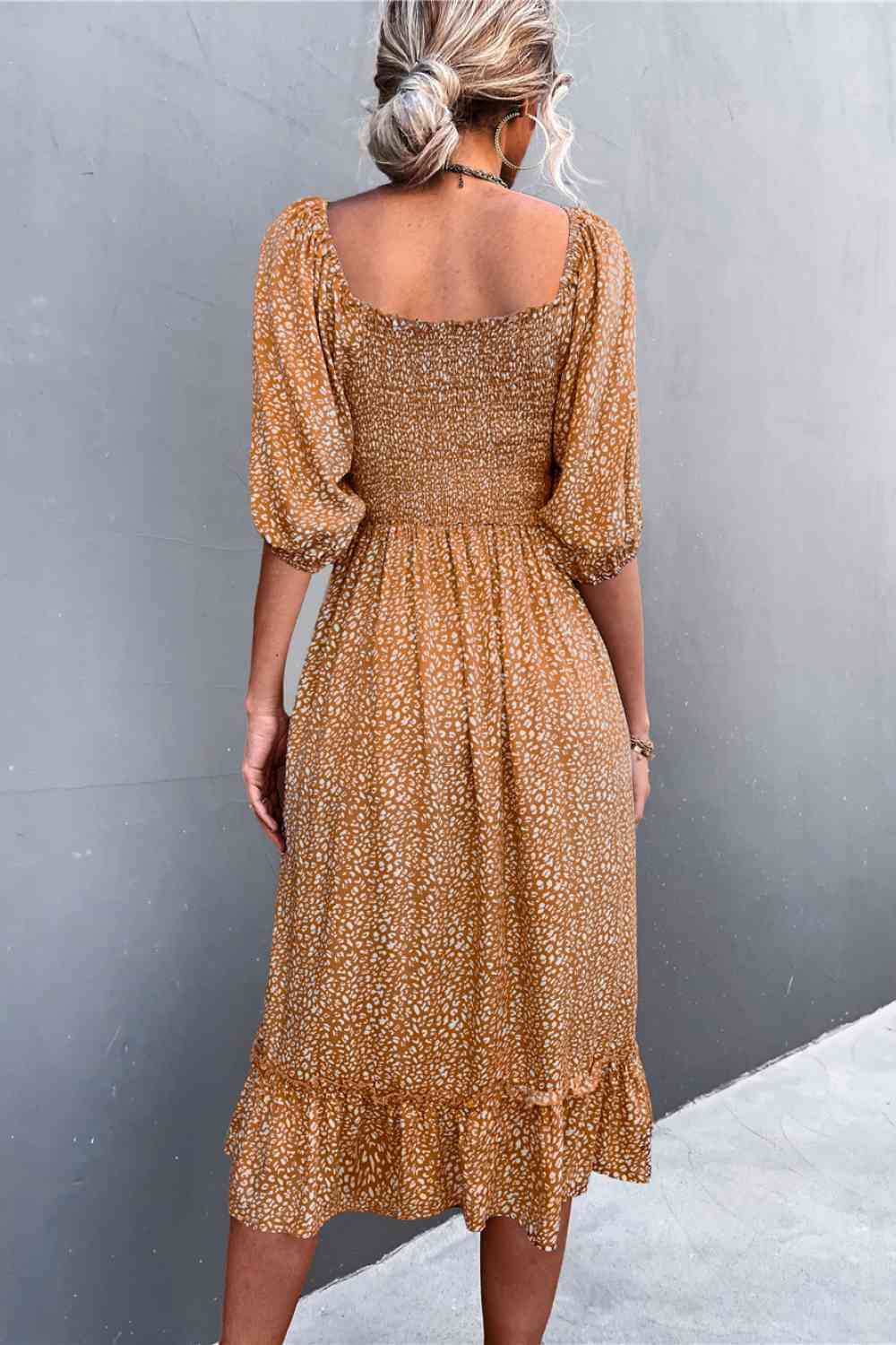 Printed Off-Shoulder Ruffle Hem Midi Dress - BloomBliss.com