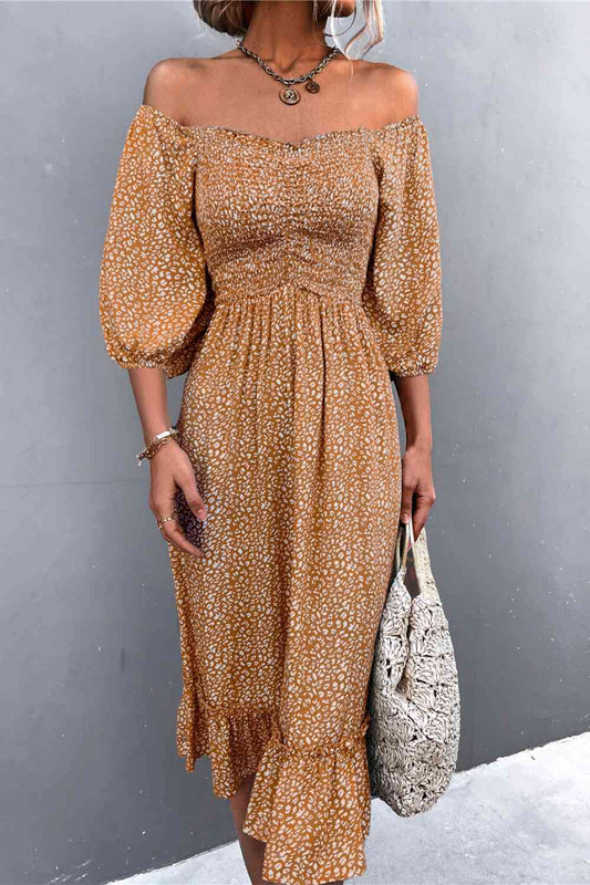 Printed Off-Shoulder Ruffle Hem Midi Dress - BloomBliss.com