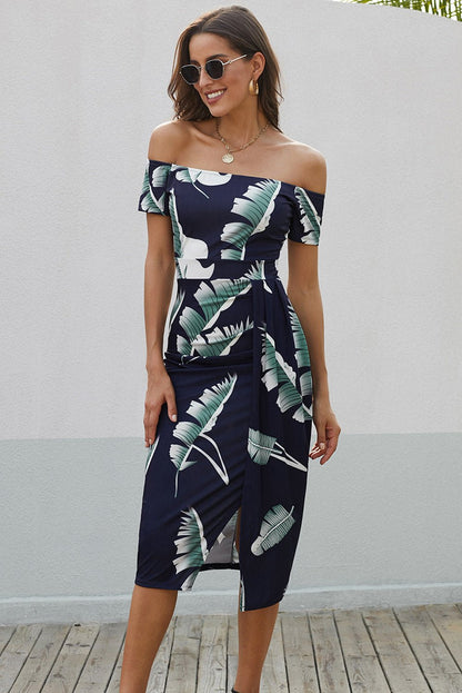 Printed Off-Shoulder Split Dress - BloomBliss.com