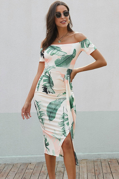 Printed Off-Shoulder Split Dress - BloomBliss.com
