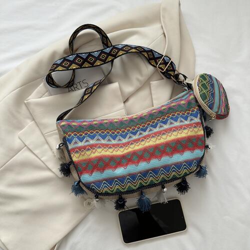 Printed Tassel Detail Crossbody Bag with Small Purse - BloomBliss.com
