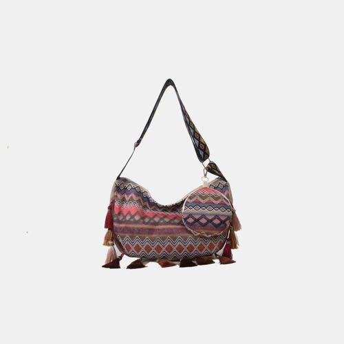 Printed Tassel Detail Crossbody Bag with Small Purse - BloomBliss.com