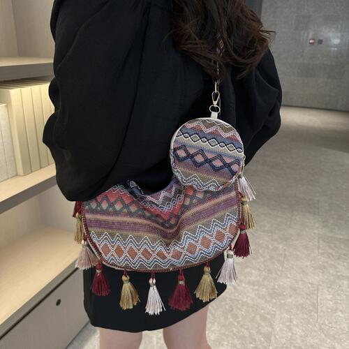 Printed Tassel Detail Crossbody Bag with Small Purse - BloomBliss.com