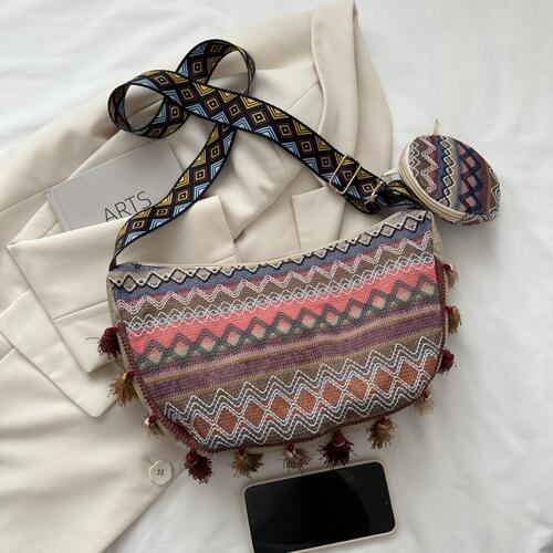Printed Tassel Detail Crossbody Bag with Small Purse - BloomBliss.com