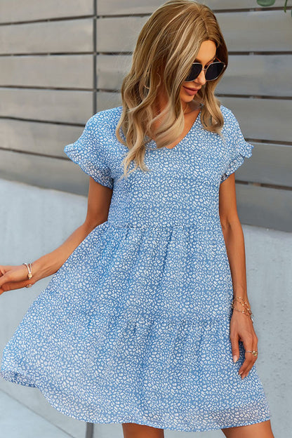 Printed V-Neck Short Sleeve Tiered Dress - BloomBliss.com