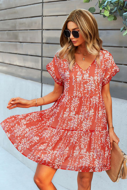 Printed V-Neck Short Sleeve Tiered Dress - BloomBliss.com