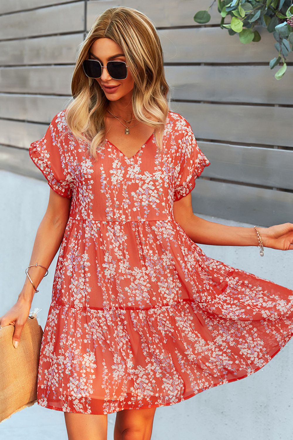 Printed V-Neck Short Sleeve Tiered Dress - BloomBliss.com