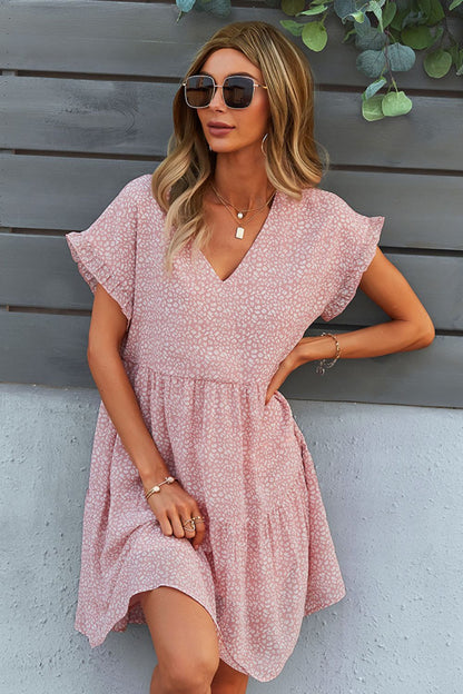 Printed V-Neck Short Sleeve Tiered Dress - BloomBliss.com