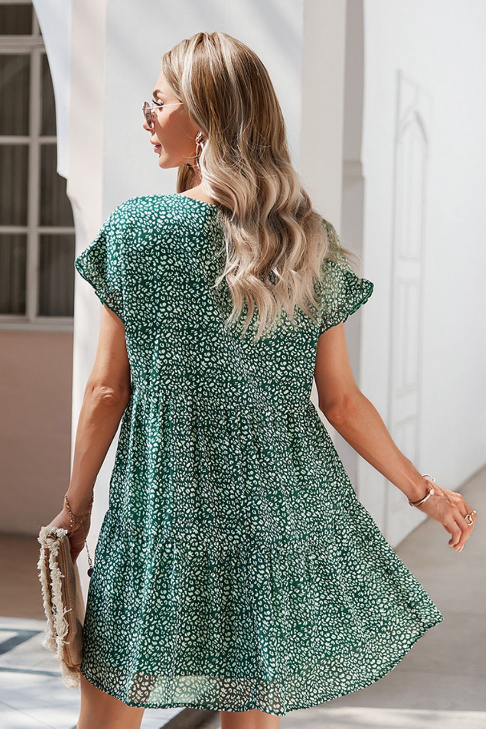 Printed V-Neck Short Sleeve Tiered Dress - BloomBliss.com