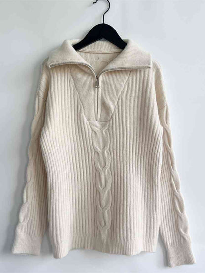 Ribbed Half Zip Long Sleeve Sweater - BloomBliss.com