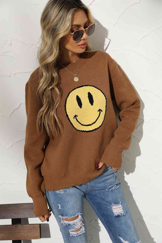 Round Neck Long Sleeve Smily Face Graphic Sweater - BloomBliss.com