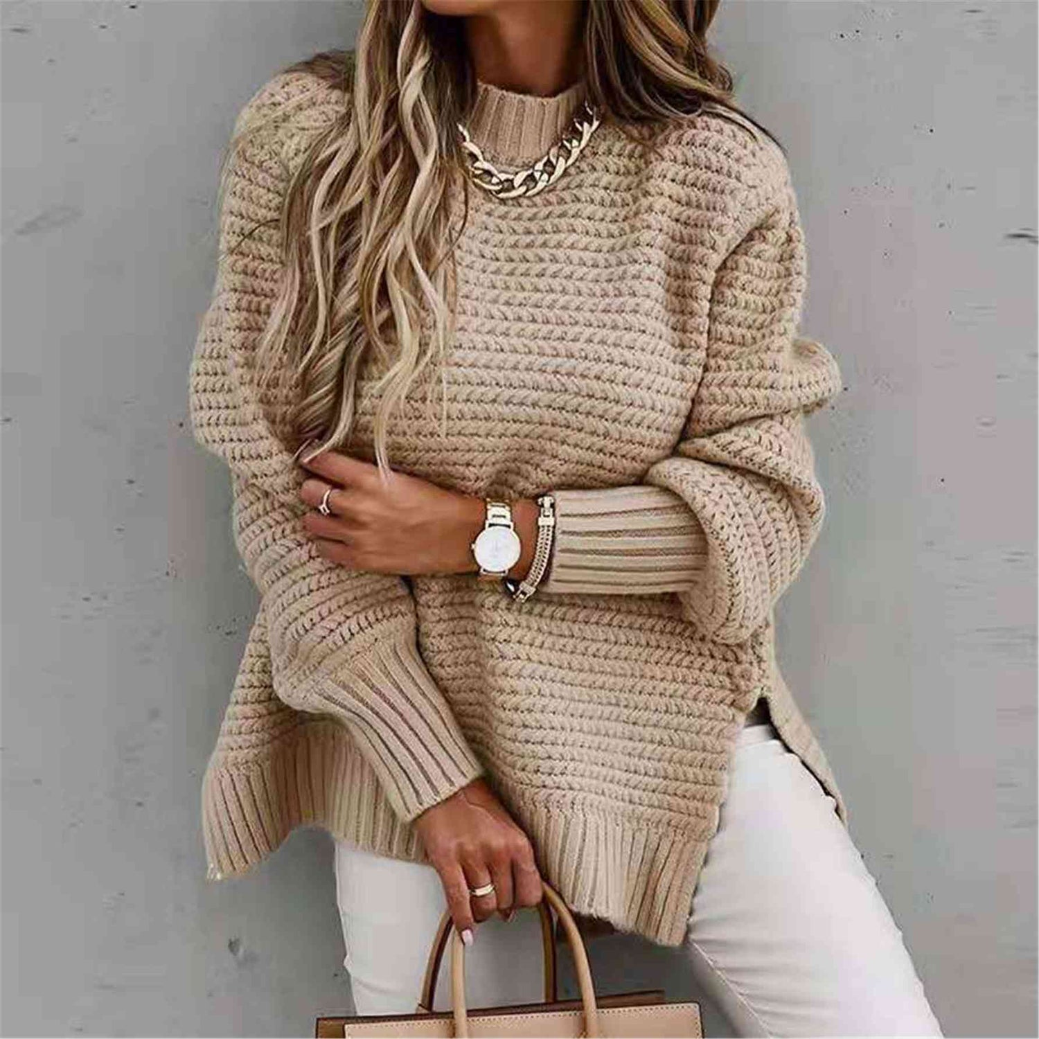 Round Neck Slit Sweater - BloomBliss.com