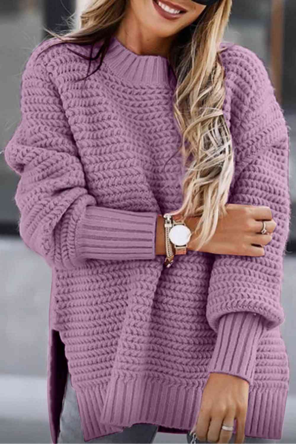 Round Neck Slit Sweater - BloomBliss.com