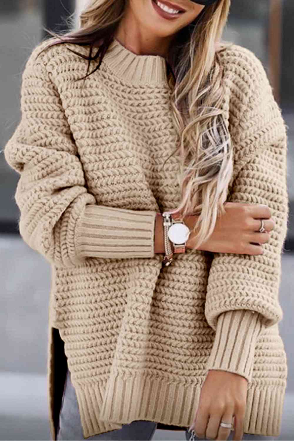 Round Neck Slit Sweater - BloomBliss.com