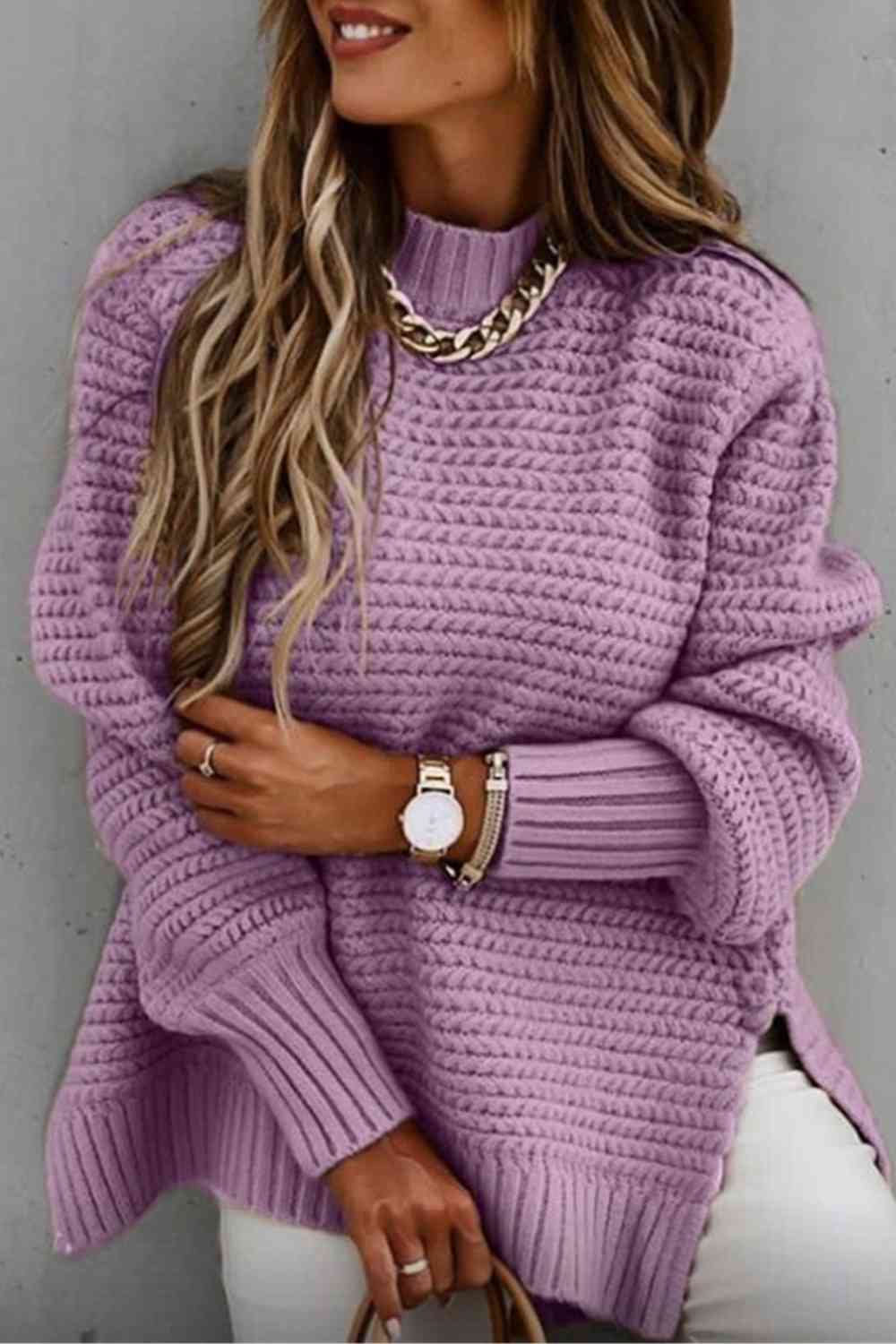 Round Neck Slit Sweater - BloomBliss.com