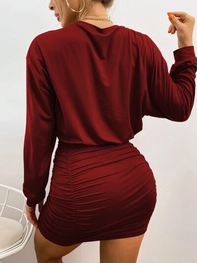 Ruched Long Sleeve Mini Wrap Dress - BloomBliss.com