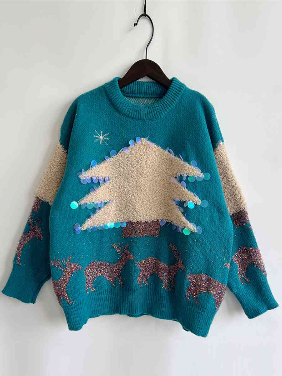Sequin Christmas Tree & Reindeer Round Neck Sweater - BloomBliss.com