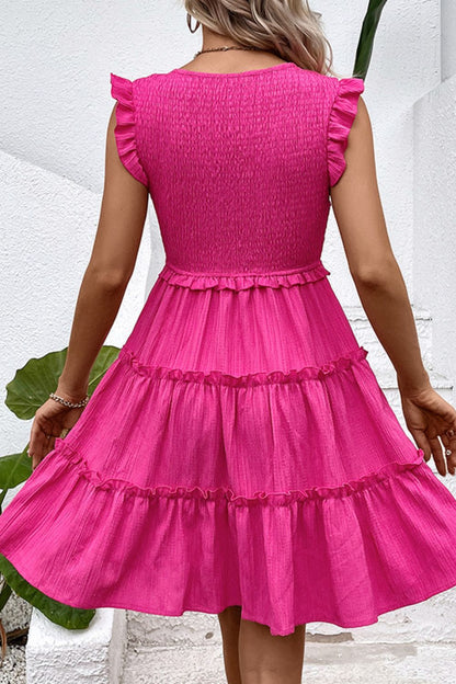 Smocked Frill Trim Deep V Dress - BloomBliss.com