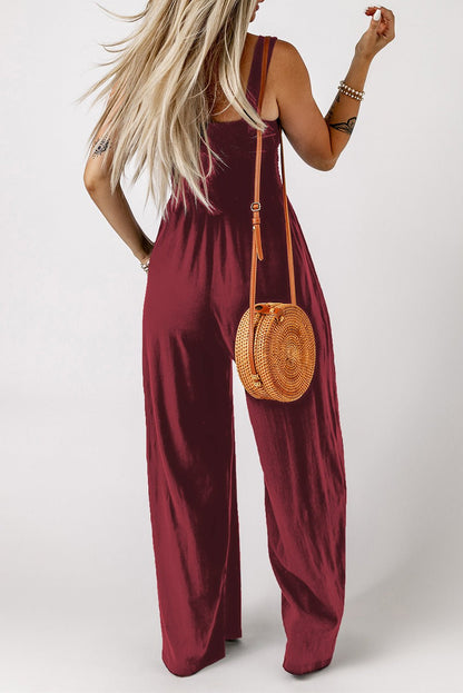 Smocked Square Neck Wide Leg Jumpsuit with Pockets - BloomBliss.com
