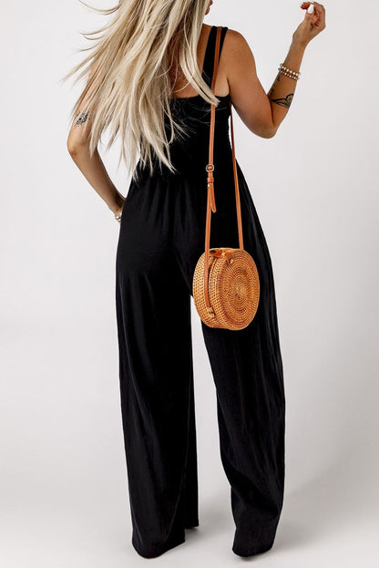 Smocked Square Neck Wide Leg Jumpsuit with Pockets - BloomBliss.com