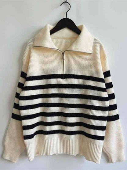 Striped Half Zip Collared Sweater - BloomBliss.com