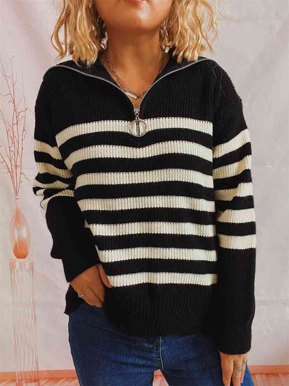 Striped Half Zip Collared Sweater - BloomBliss.com