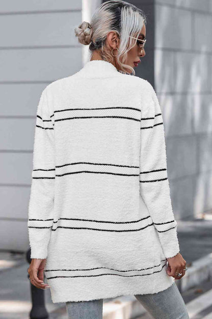 Striped Open Front Cardigan with Pockets - BloomBliss.com