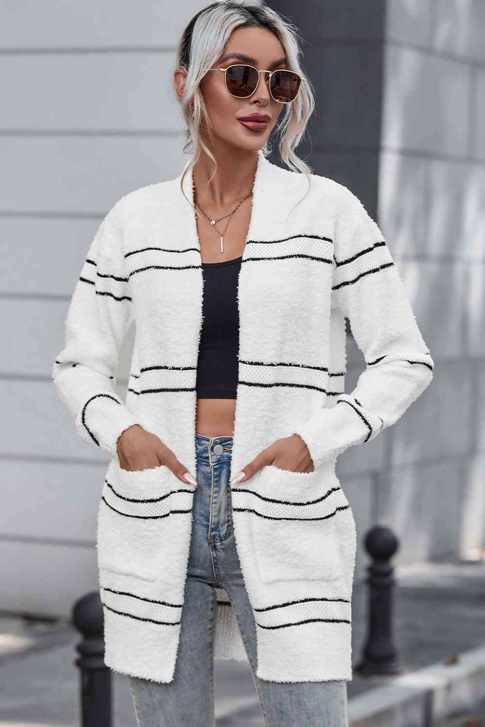 Striped Open Front Cardigan with Pockets - BloomBliss.com