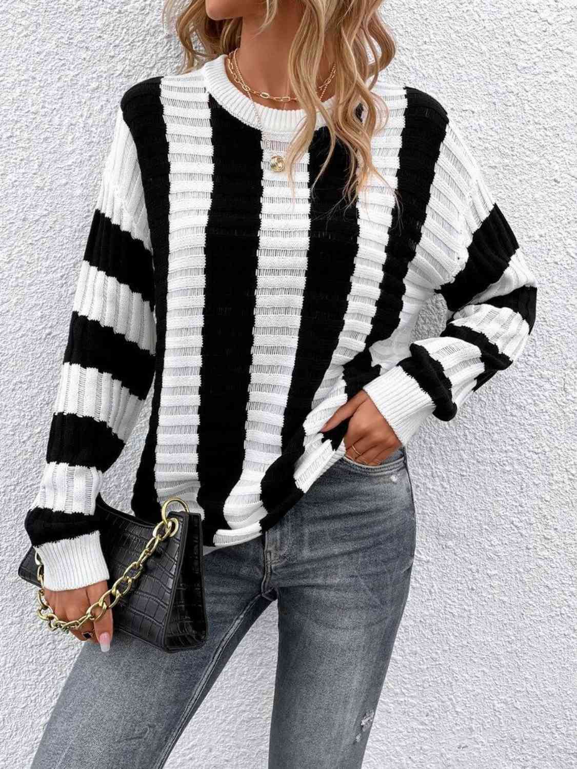 Striped Round Neck Long Sleeve Knit Top - BloomBliss.com