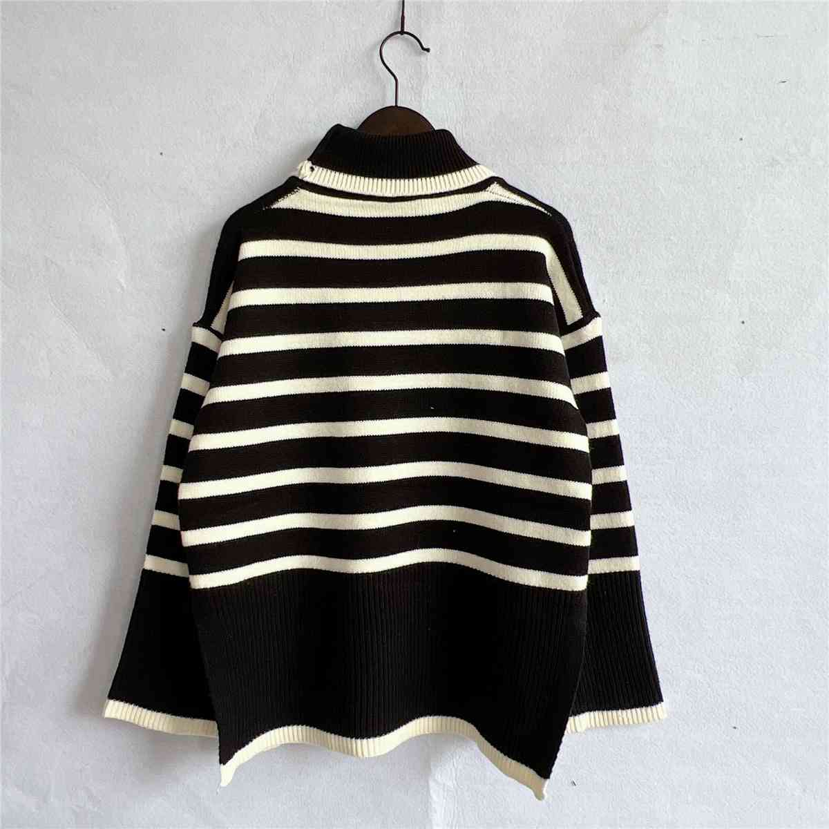 Striped Turtleneck Flare Sleeve Sweater - BloomBliss.com