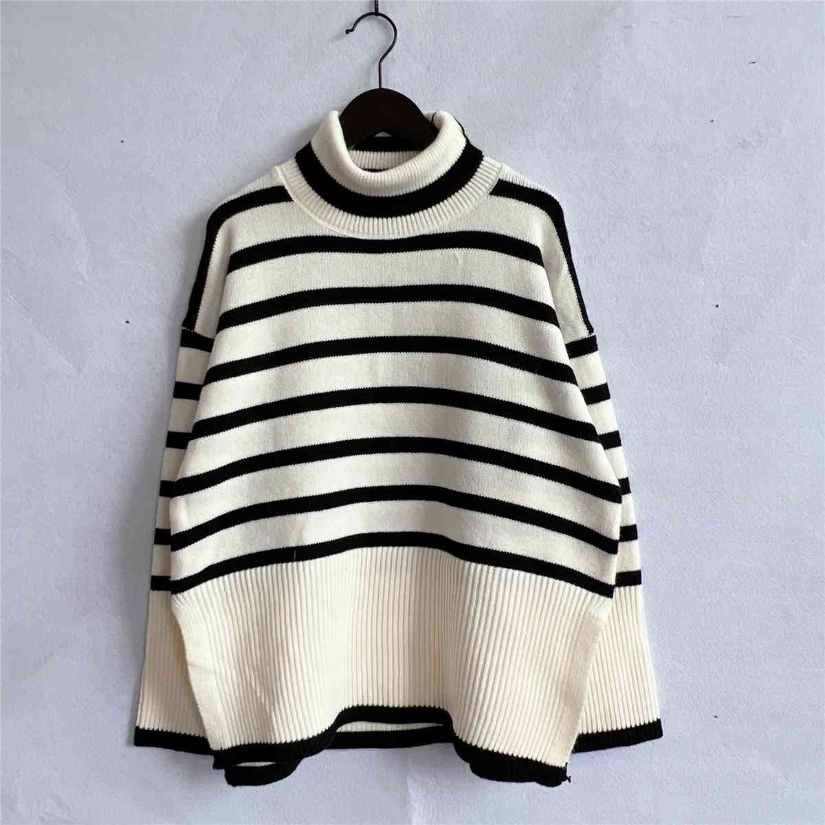 Striped Turtleneck Flare Sleeve Sweater - BloomBliss.com