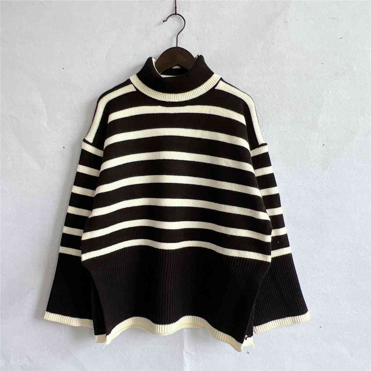 Striped Turtleneck Flare Sleeve Sweater - BloomBliss.com