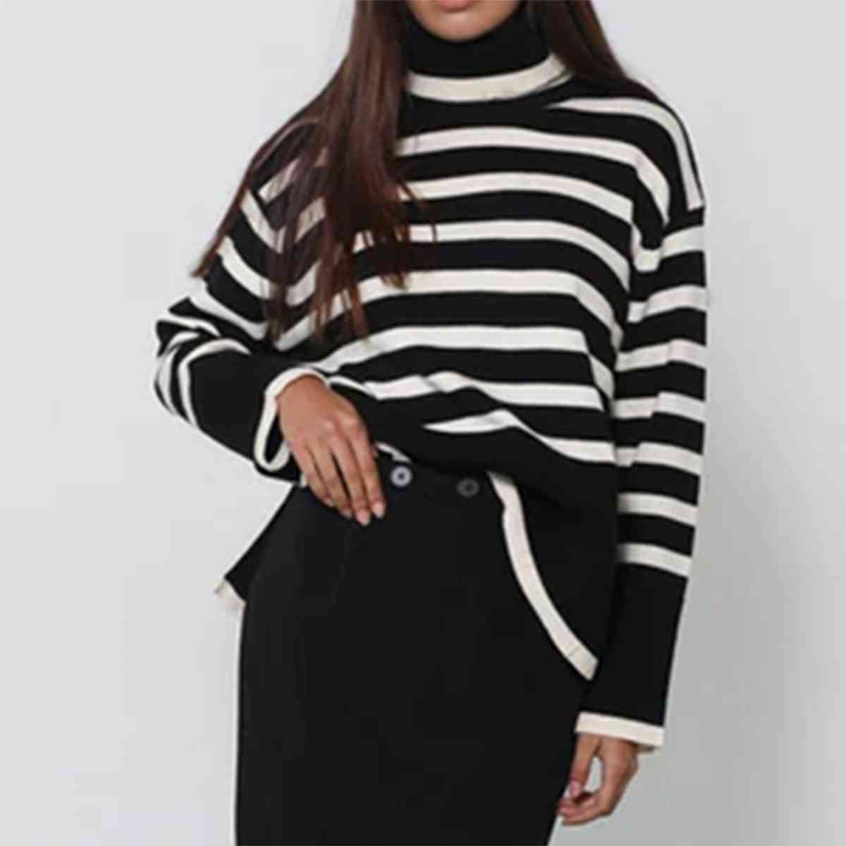 Striped Turtleneck Flare Sleeve Sweater - BloomBliss.com