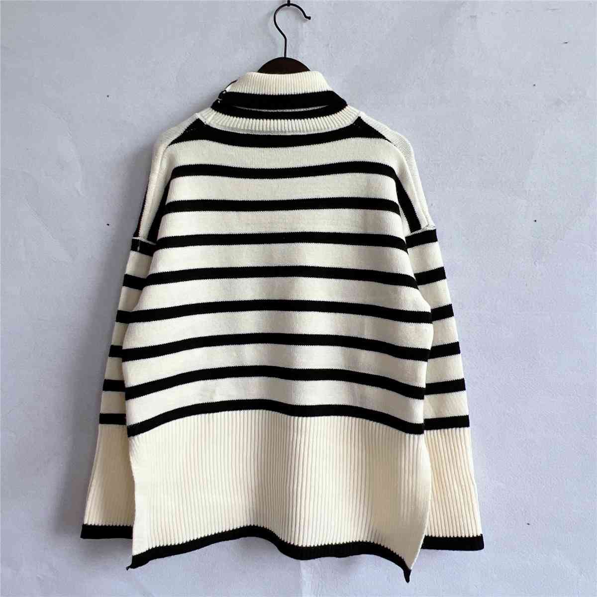 Striped Turtleneck Flare Sleeve Sweater - BloomBliss.com