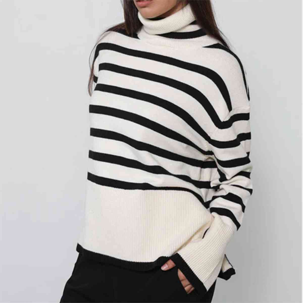 Striped Turtleneck Flare Sleeve Sweater - BloomBliss.com